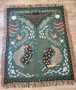Mermaid Ocean Themed Blanket Throw 46" X 55" Teal Green White Black - Picture 1 of 6