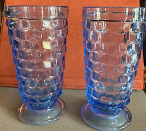 Vint Indiana Glass Whitehall Colony Cube Pattern Blue Iced Tea Footed Glasses 2c - Picture 1 of 2