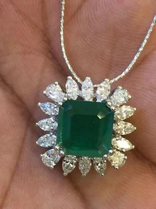 Classy 5.50 Cts Marquise Pear Natural Diamonds Emerald Pendant Chain In 18K Gold - Picture 1 of 7