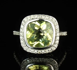 SIGNED NATURAL LEMON QUARTZ & DIAMOND HALO SOLID 14K WHITE GOLD COCKTAIL RING - Picture 1 of 12