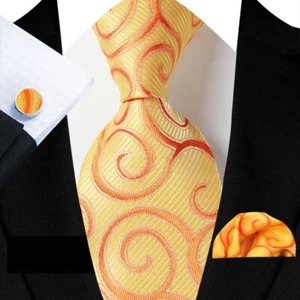 Classic Floral Orange Red Jacquard Silk Men's Tie Necktie Hanky Cufflink Set - Picture 1 of 6