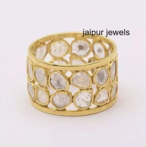925 Sterling Silver Slice Polki Diamond Ring Gold Plating Eternity Band Ring - Picture 1 of 4