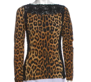 Auth DOLCE and GABBANA Animal PRINT Top SWEATER with Black MACRAME & CRYSTALS - Picture 1 of 5