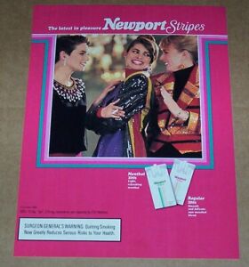 1990 print ad - Newport Stripes cigarettes Girls smoking pink-theme Advertising