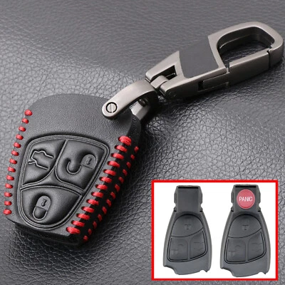 Leather Car Key Fob Case Cover For Mercedes-Benz C R CL GL SL CLK SLK + Key Ring - Image 1 of 4