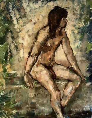 PINTURA AL ÓLEO VINTAGE Homo Erótico DESNUDO MASCULINO Mediados de Siglo Modernista Años 70 Foto 1 de 4