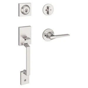 Kwikset Amador Satin Nickel Entry Door Handleset with Round Rose Hollis Lever - Picture 1 of 5