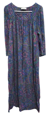 Antigo Vestido de Noite Feminino Miss Elaine Anos 90 Longo Médio Azul Paisley Manga Longa Trad - Imagem 1 de 4