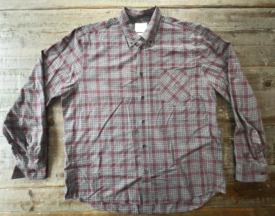Camisa para hombre Billy Reid XL delgada gris borgoña a cuadros manga larga con botones Foto 1 de 4