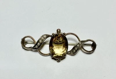 Antiguo prendedor/broche eduardiano de perlas con semillas de citrino de oro de 9 quilates Foto 1 de 4
