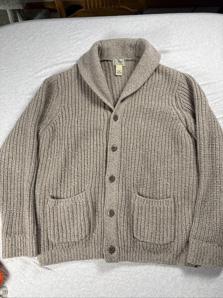 Cárdigan suéter de lana LL Bean Ragg grande de lana de cordero marrón para hombre Foto 1 de 4