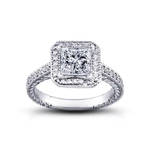 Anillo con halo de diamantes naturales princesa 1 3/4ct D VS1 con alianza de boda - Imagen 1 de 2