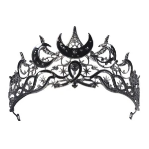 Black Moon & Star Drama Prom Queen Princess Large Tiara Crown For Women - Picture 1 of 6