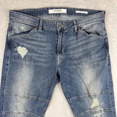 Guess Jeans Mens 34x30 Blue Slim Tapered Distressed Faded Dark Wash Denim - Image 1 of 4