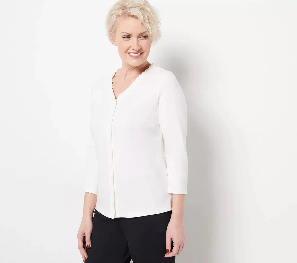 Isaac Mizrahi Live! Размер 4 X кнопка спереди вязаный топ с оборками шеи слоновой кости A485784 - Изображение 1 из 1