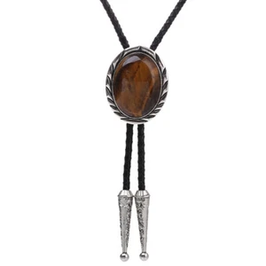 Big Tiger-eye Stone Western Cowboy Mens BOLO Tie Slide Clip PU Rope 40" Wedding - Picture 1 of 5