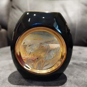 The Art Of Chokin Japanische Keramik Vase 24K Gold Vergoldet Miniatur Schwarze Schwäne  - Bild 1 von 5