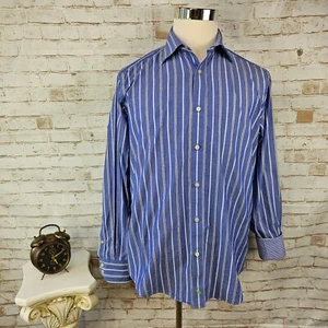 Tailorbyrd Mens Size L Blue Striped Button Up Shirt Flip Cuff Long Sleeve Cotton - Picture 1 of 9