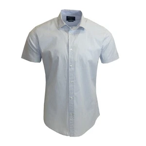 Camisa informal de manga corta de calidad navideña de algodón azul blanco a rayas para hombre C182 - Imagen 1 de 3