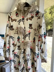 Womens Holiday Time CHRISTIMAS DOGS Hooded Union Suit 1 pc Pajamas Sz S New - Picture 1 of 8