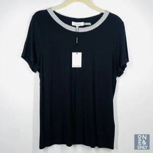CALVIN KLEIN Rhinestone Trim Sparkly T-Shirt Womens Medium Black Stretch NWT - Picture 1 of 10