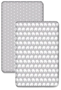 BABY 2-PACK FITTED COT SHEET 100% COTTON 120X60 Small White Stars/Elephants grey - Picture 1 of 3