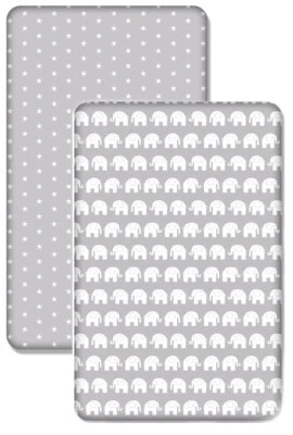 BABY 2-PACK FITTED COT SHEET 100% COTTON 120X60 Small White Stars/Elephants grey - Image 1 of 3