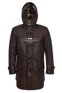 Abrigo de Lona Eddie Para Hombre Cuero Real con Capucha Marrón Hasta la Rodilla Cuerno Palanca Chaqueta - Imagen 1 de 9