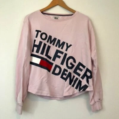 TOMMY HILFIGER DENIM розовый темно-синий с надписью логотип толстовка Crewneck средний M - Изображение 1 из 4