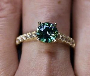 1 Ct Green Moissanite Women's Solitaire Ring 14k Yellow Gold Plated Silver - Picture 1 of 7