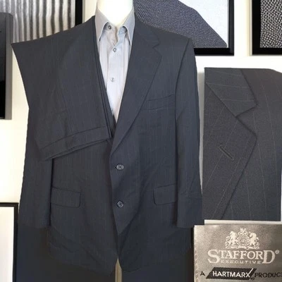 Stafford 2 Piece Suit Mens 46R 40X30 Dark Gray Navy Stripe Wool - Image 1 of 4