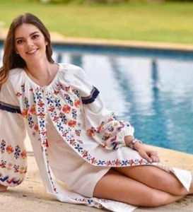 ZARA Jacket Medium White Multi Linen Mix Oversized Embroidered Tassel Midi - Picture 1 of 23