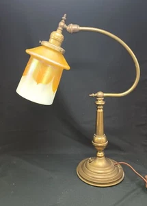 Rare Signed Steuben Glass Pulled Feather Aurene Calcite #2327 Shade Brass Lamp - Picture 1 of 24
