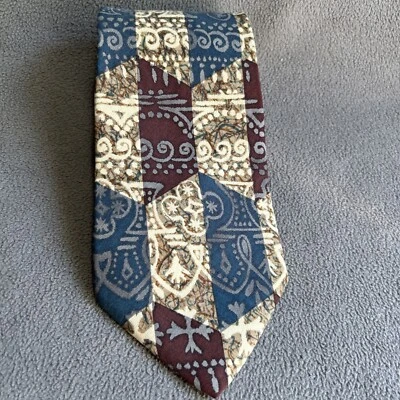 Corbata de seda geométrica Adolfo para hombre azul borgoña tostado marrón hecha en EE. UU. Foto 1 de 4