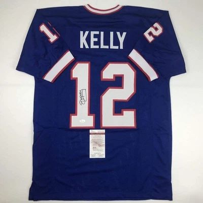 Camiseta de fútbol americano autografiada/firmada JIM KELLY azul búfalo certificado de autenticidad JSA automática Foto 1 de 4