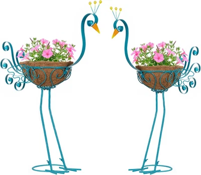 Juego de 2 jardineras de exterior de pavo real azul con cesta, maceta de pavo real de metal para entrar Foto 1 de 4