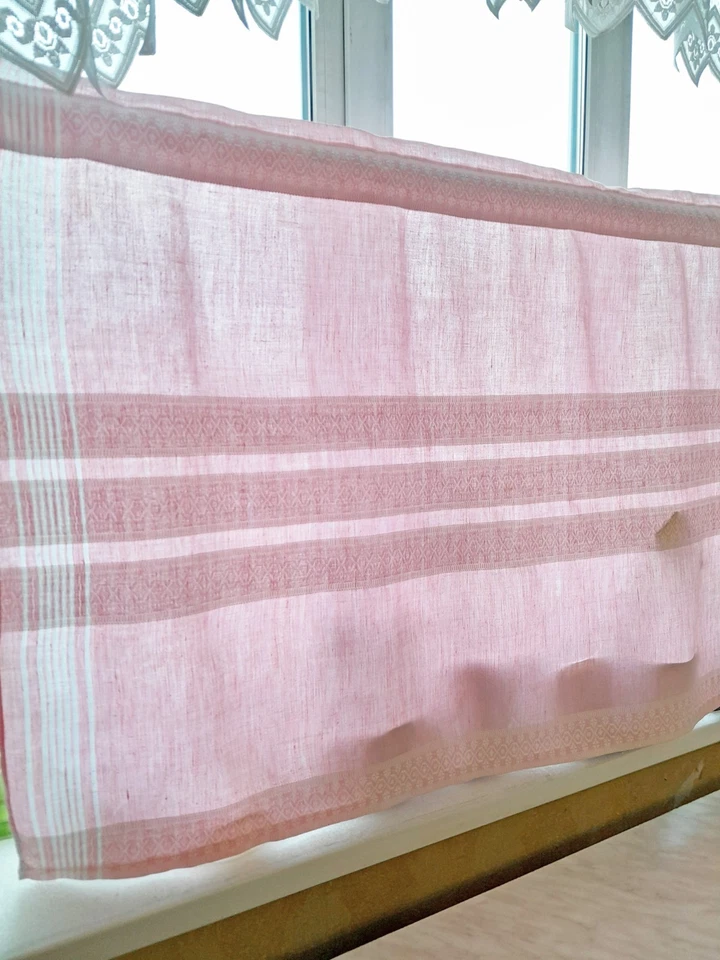 Cortina de lino rosa blanco a rayas decoración hecha a mano cenefa barra bolsillo Foto 1 de 4