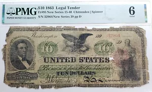 1863 $10 Legal Tender FR-95 - Chittenden / Spinner - Graded PMG 6 missing pieces - Picture 1 of 6