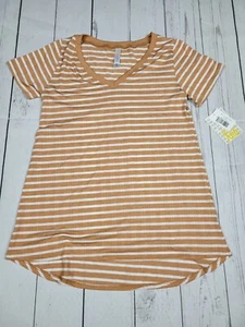 LuLaRoe Christy Short Sleeve V-Neck Shirt, Size XXS (NWT Geometric Striped Tan) - Picture 1 of 3