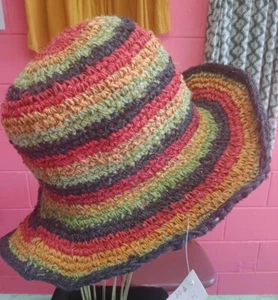 LADIES  HAT  Hemp red black green gold  stripe  boho Gypsy hippy  - Picture 1 of 2