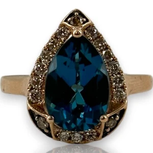 LeVian Signed 14kt Strawberry Rose Gold Deep Sea Blue Topaz Ring Size 6.75 - Picture 1 of 11