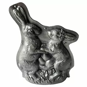 Primitive Silver Tin Style Easter Bunny Rabbit Couple Resin Chocolate Mold Faux - Picture 1 of 9
