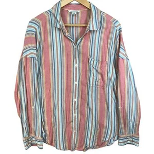 American Eagle Womens Pink Stripe Viscose Linen Blend Lightweight Button Down M - Picture 1 of 6