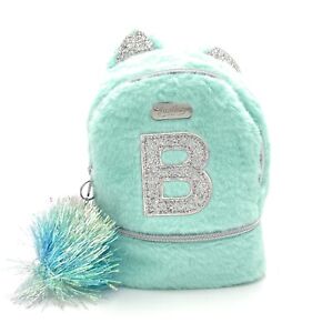 Justice Girls Mini Backpack Furry Light Blue Cat Pom Pom Tote Bag Initals B M S