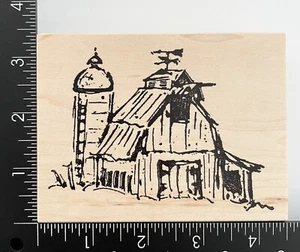 Kunst Impressionen Land Bauernhof Scheune Silo Skizze T2482 Holz montiert Stempel - Bild 1 von 3