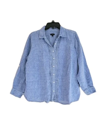 Женская рубашка Talbots из синего льна с закругленными рукавами на пуговицах размер Petite X - Изображение 1 из 4