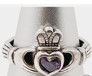925 Sterling Silver Purple CZ Heart Claddagh Ring Size 6.25 - Picture 1 of 6
