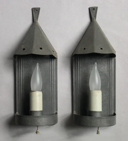 Pair Vintage Antique Handmade Hooded Tin Sconces Cover