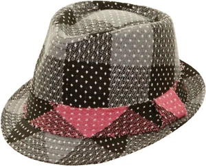 Sombrero Unisex Trilby Fedora H70E Lana de Polietre a Cuadros Negro Gris con Puntos Blancos Banda Rosa - Imagen 1 de 2