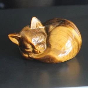 Cristal tallado oro ojo de tigre gato dormido figura animal oficina decoración del hogar 2"" - Imagen 1 de 6